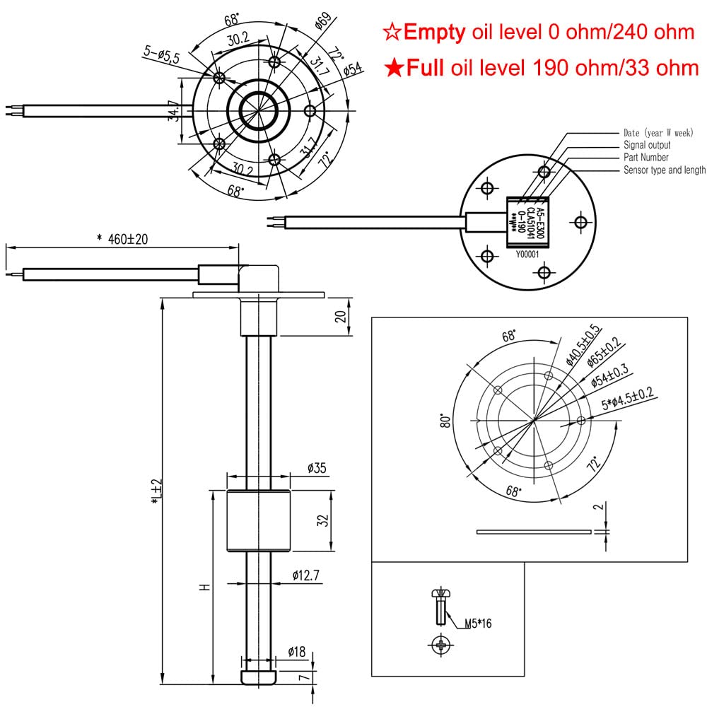 Capteur de niveau d'eau 0-190 Ohm + jauge de niveau d'eau numérique indicateur de réservoir de niveau d'eau 52mm for voiture RV camping-car bateau(With 275mm sensor)