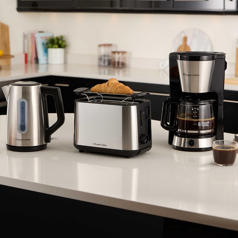 Russell Hobbs Grille-pain 2 fentes XL (6 niveaux de brunissage, surélévation, dégivrage, réchauffe-viennoiseries, arrêt auto., ramasse-miettes amovible, surface en acier inox. brossé) Heaton 27390-56