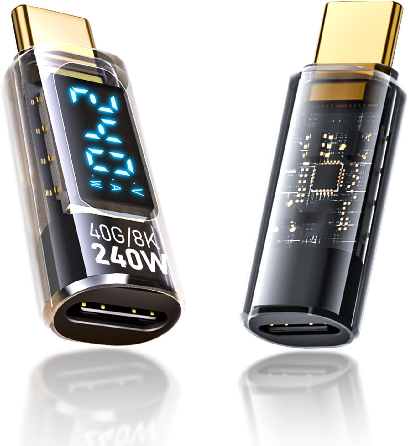 USB C Extension Adapter, 2Pack 40Gbps Transparent USB C Converter Power Meter Tester with LED Digital Display,PD 240W USB Type C Male to Female Adapter Connector for iPhone 15/16 Series