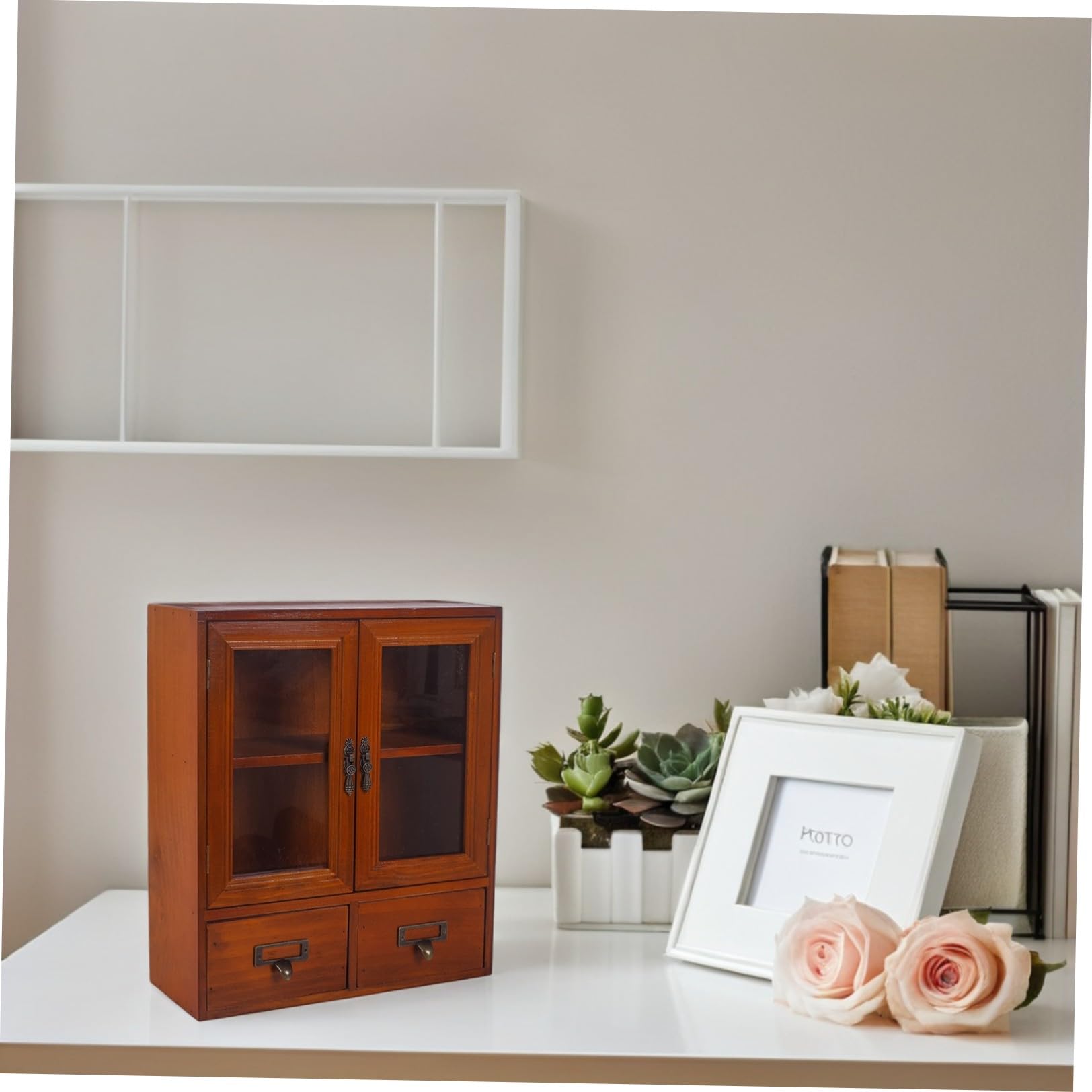 Holzschrank mit Glastüren und 2 Schubladen, Vintage Apothekerregal zur Küchenorganisation und Stauraumgestaltung