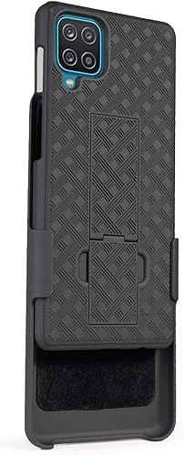 Miniatura 3 de Para Samsung Galaxy A12, con carcasa combinada de vidrio templado y funda delgada con soporte incorporado + clip giratorio para cinturón para Galaxy