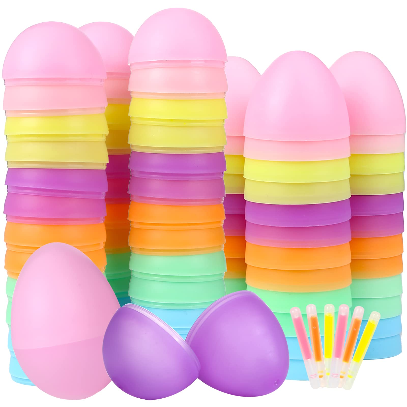 SALLYFASHION 36 Pcs Glow in the Dark Easter Eggs with 48 Pcs Glow Sticks, Plastic Easter Eggs with Mini Glow Sticks Empty Egg Hunt Basket Easter Gifts Party Favor