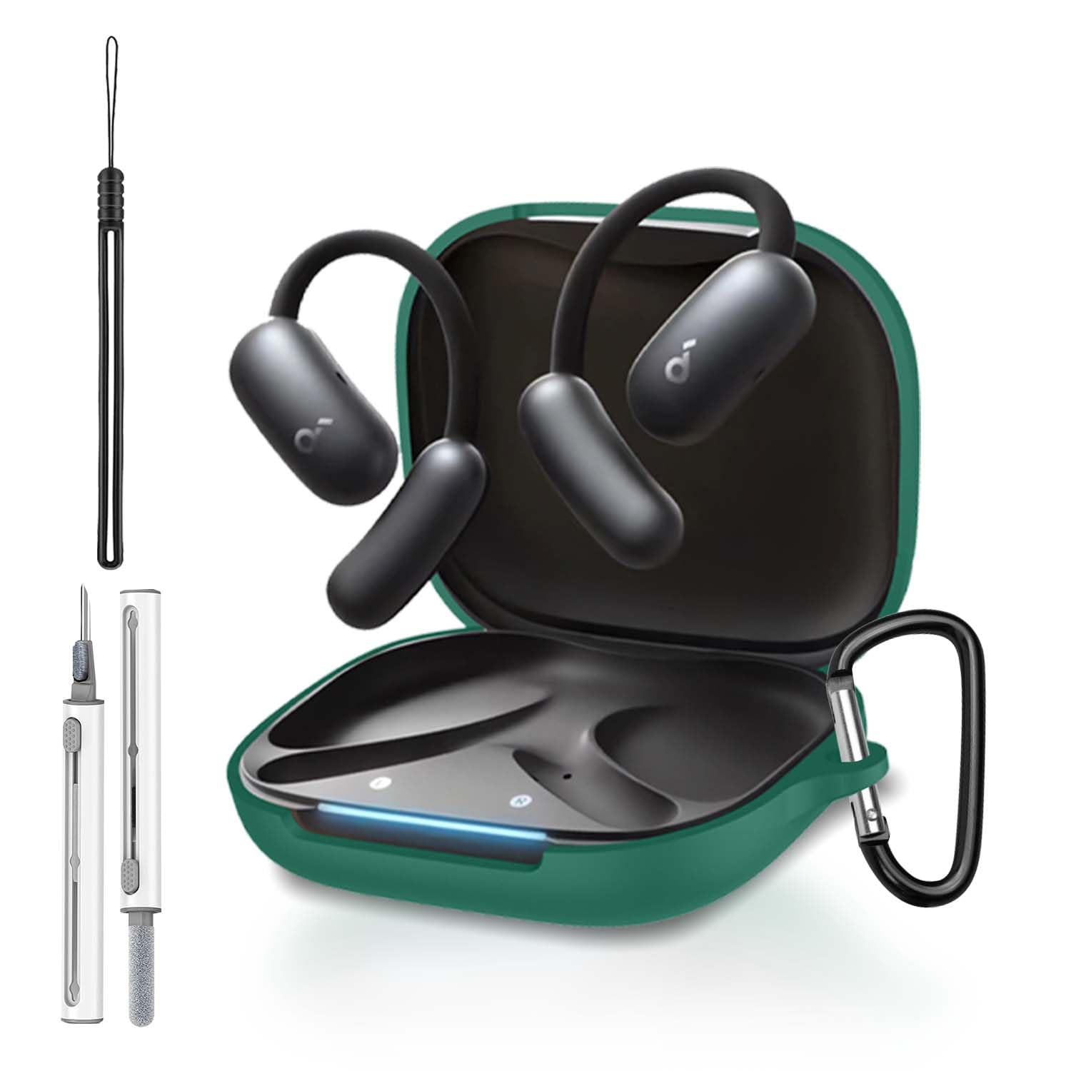 for Anker Soundcore AeroFit 2 Case Cover, Full Protective Silicone Skin Cover for Soundcore AeroFit 2 by Anker,with Keychain & Lanyard and Cleaner Kit, Front LED Visible, Green