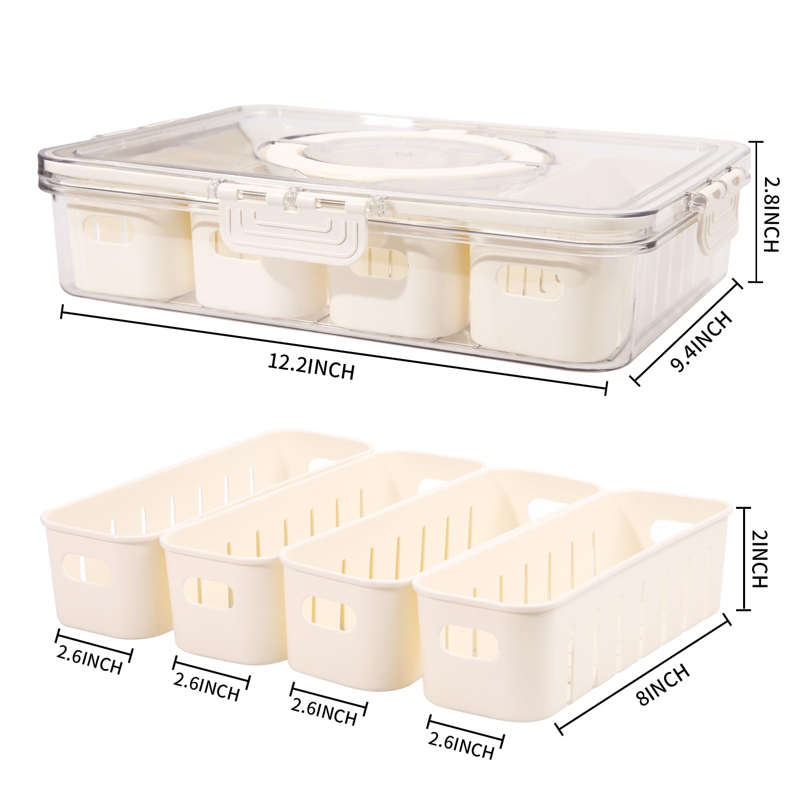 Bandeja Divisora Con Tapa Y Asa - Organizador De Nevera, Frutas Y Aperitivos, 4 Coladores Extraíbles
