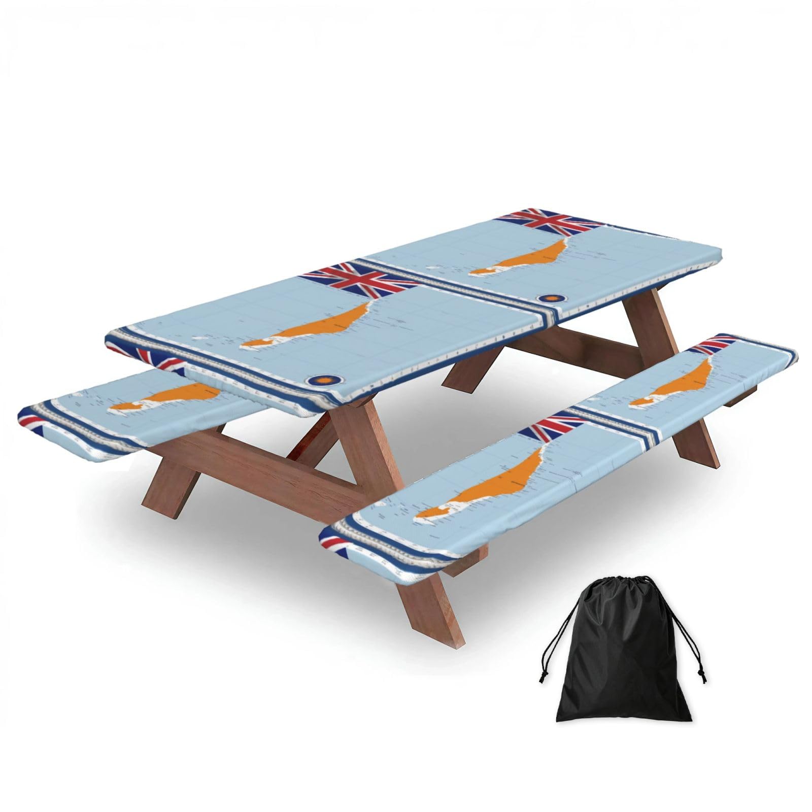 Duwaa Black Marshall Islands Flag Map02 Print 183Cm Picnic Table Cover With Bench Covers, Waterproof Elastic Tablecloth Set For Outdoor