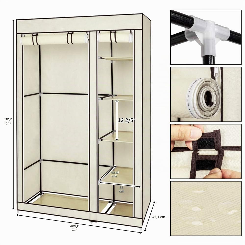 LEADZM Armadio, guardaroba in tessuto pieghevole con cerniera, scomparti, per camera da letto, soggiorno (Beige, 110 x 45 x 175 cm)