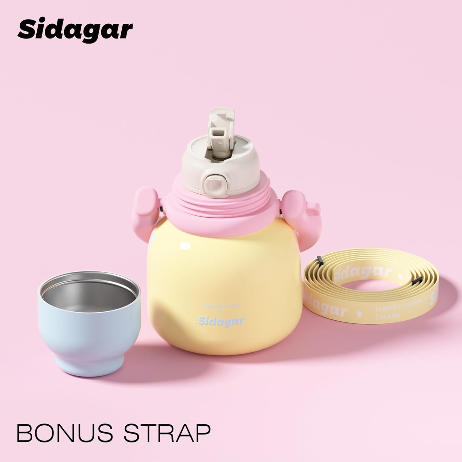 22 oz Water Bottle with Straw and Bowl, Wide Mouth Insulated Stainless Steel Tumbler 24H Ice Cold Cute Flask for Women Daily Office & Yoga Heart Bracelet Charm, Ideal Gift, Cream Yellow - Image 5