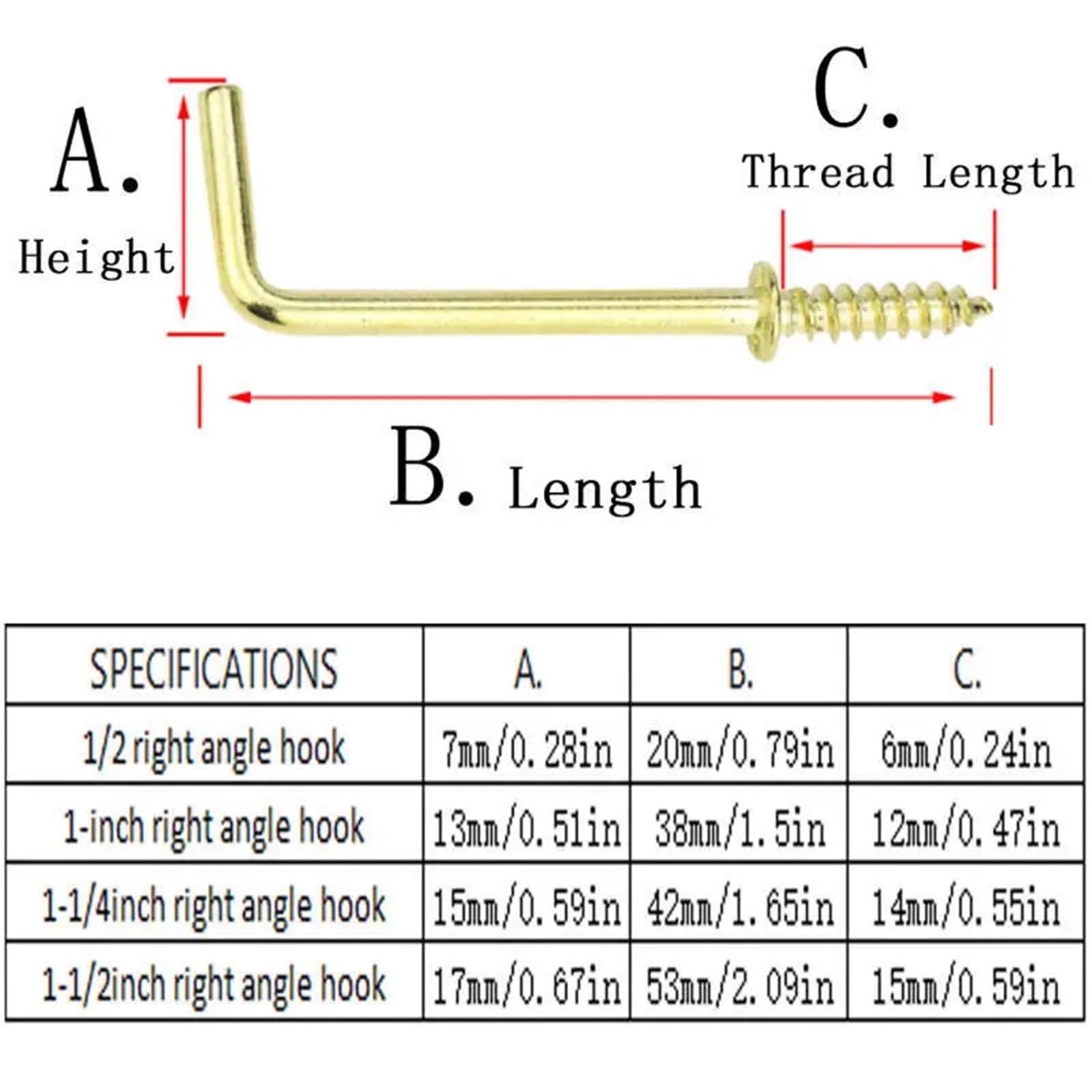 Ganchos En L De Tornillo 50/30/10pcs0mm 38mm 42mm 53mm ganchos de tornillo en forma L 2 autorroscantes ángulo recto dorado for colgar(Length 42mm,50Pcs)