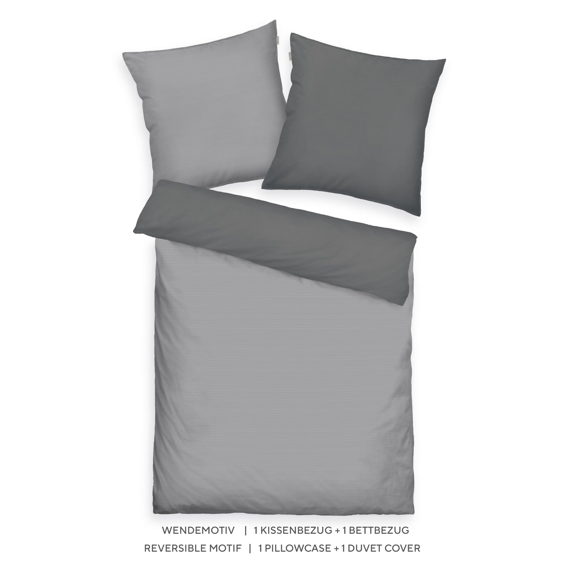 TOM TAILOR Satin-Bettwäsche, 60x80 cm + 140x200 cm, 100% Baumwolle/Satin, mit Doppelnaht am Kissen, Wendemotiv und Markenreißverschluss, TWO-TONE SOLID COLORS Grau (Moody Grey)