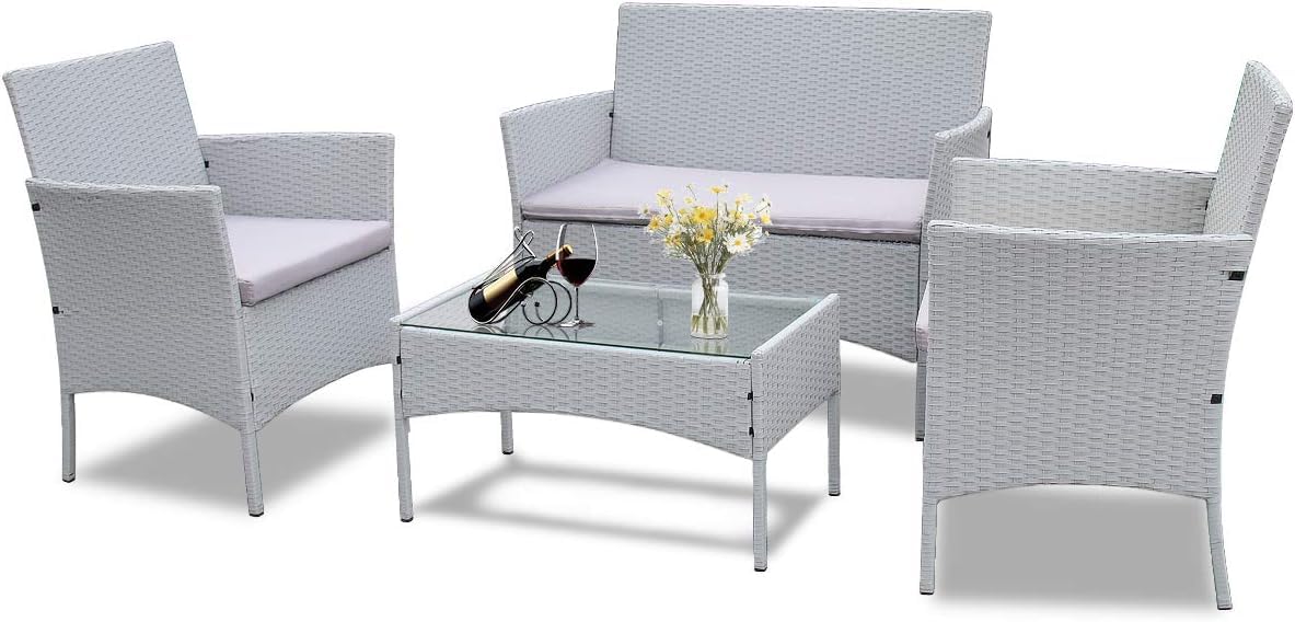 bigzzia - Juego de Muebles de Patio, Sofá Seccional para Todo Tipo de Clima, Tejido Manual, Mimbre y Ratán, Juego de Conversación para Patio con Cojín y Mesa de Vidrio