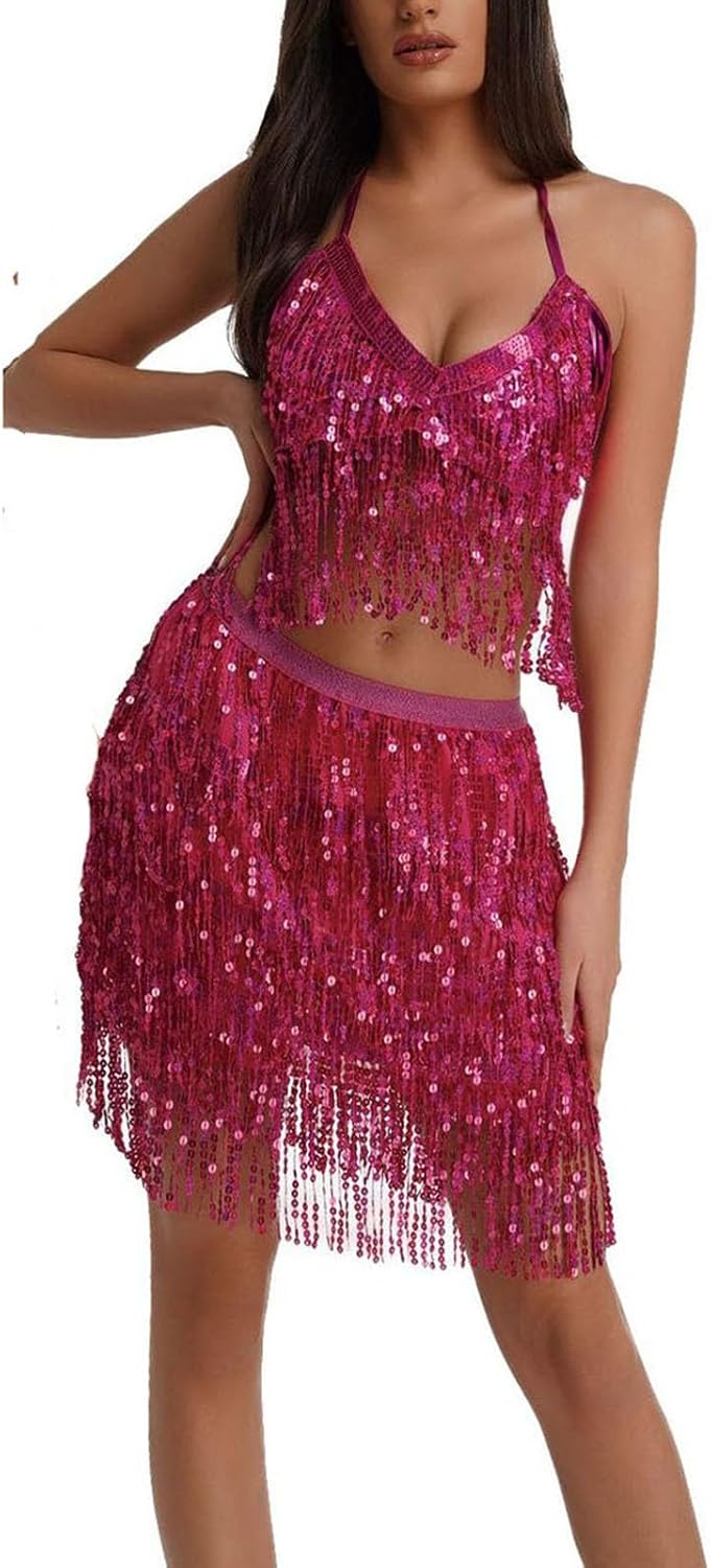 Women 2Pcs Belly Dance Dress Sequin Tassel Bra Top with Fringe Sparkly Skirts Set Carnival Clubwear Outfits