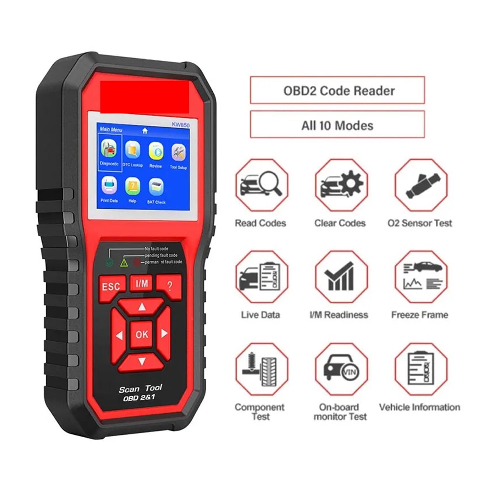 KW850 OBD2 Car Scanner Profesjonalne narzędzia diagnostyczne skanera samochodowego OBD 2 Czytnik kodów samochodowych Kontrola akumulatora silnika,Przyjazny dla użytkownika