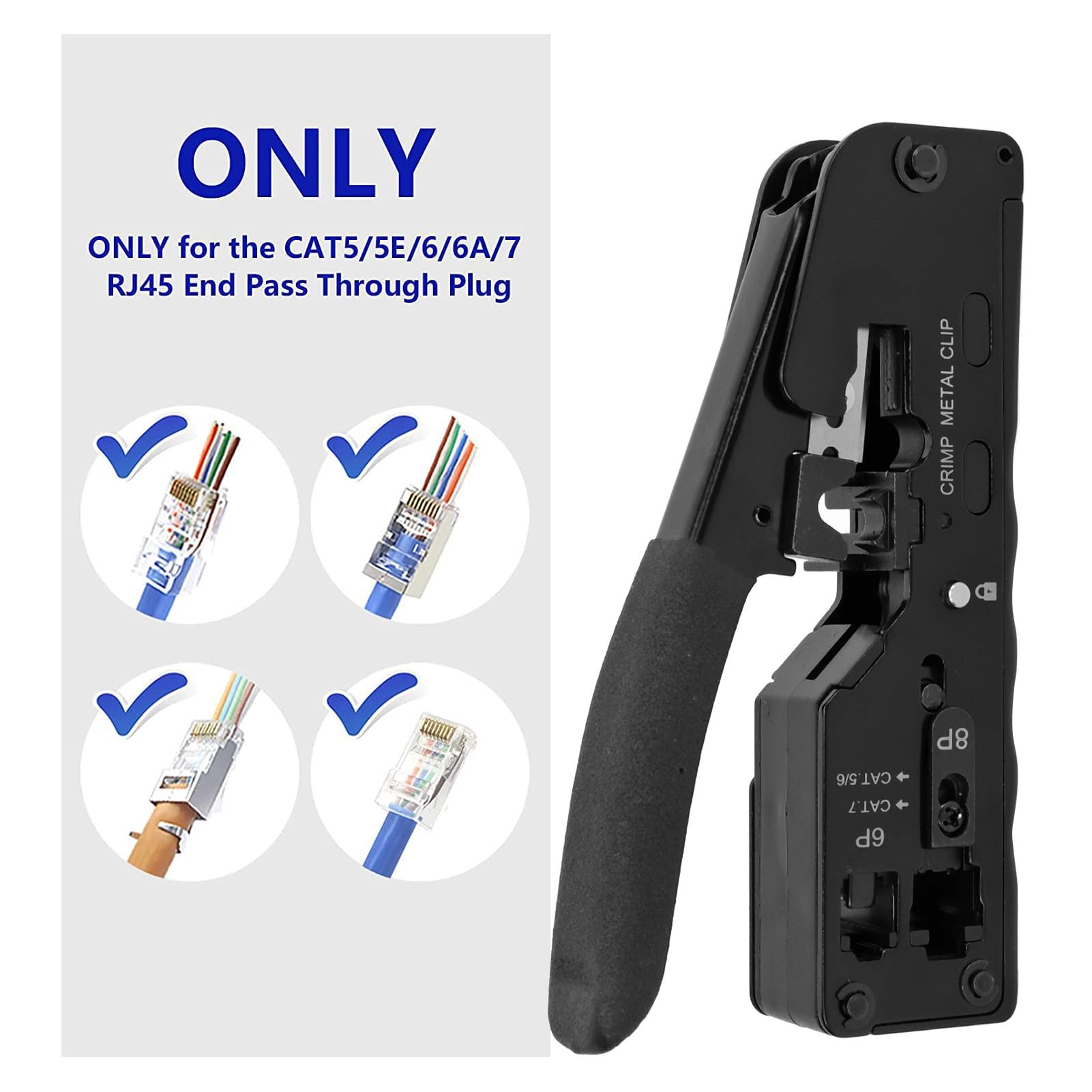 RJ45 Crimpatrice con Pass, Through Design, Crimpatrice Ethernet per Cat5, Cat5e, Cat6 con tester per cavi di rete e spelafili