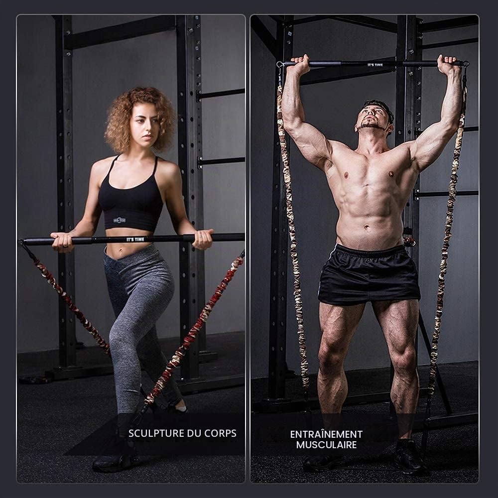 INNSTAR Kit Elastiques de Musculation Réglable pour la Salle de Gym à la Maison, Multifonction Entrainement Complet du Corps Elastico Fitness Barre Elastique Musculation avec 4 Bandes de Résistance