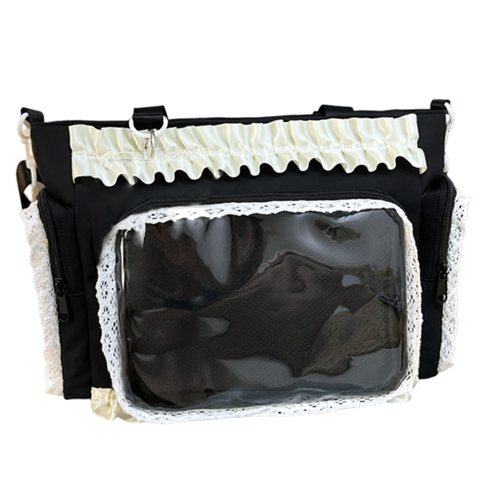 Peosaard Unisex Kids Black Ita Bag, Kawaii Lace Ruffle Nylon Pin Bag With Side & Front Clear Display Adjustable Straps Y2k Cute Handbag For Girls, Pin