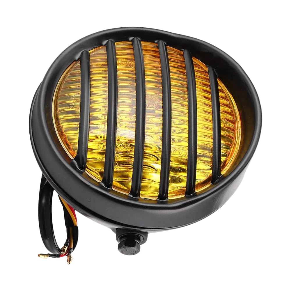MACHSWON Reflektor motocyklowy 14,5 cm, uniwersalny 35 W 12 V motocykl retro czarna obudowa czołówka przedni reflektor, halogenowa lampa czołowa, osłona na kratkę z uchwytem, bursztynowa soczewka