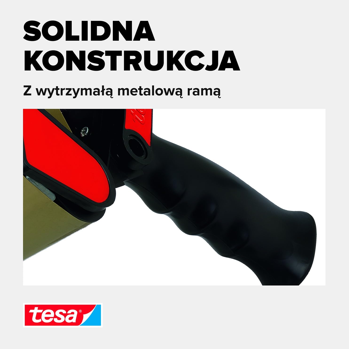tesa klasyczny dozownik ręczny, uniwersalny dozownik taśmowy do odwijania taśm samoprzylepnych, solidny metalowy uchwyt, do taśm o szerokości do 50 mm, czerwony i czarny