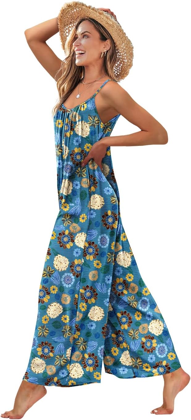 YESNO Casual Wide Leg Jumpsuits for Women Boho Floral Pleated Wide Leg Overalls Rompers Vacation Outfits with Pockets PIA
