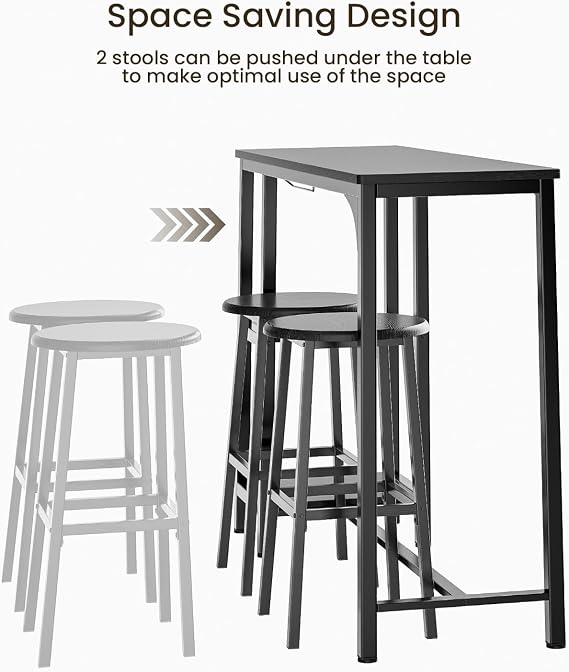Bealife Bar Table and Stools Set of 2, Pub Table Set with 2 Shelves and Glass Holder, Kitchen Bar Table Set for Kitchen, Living Room, Dining Room (Black)