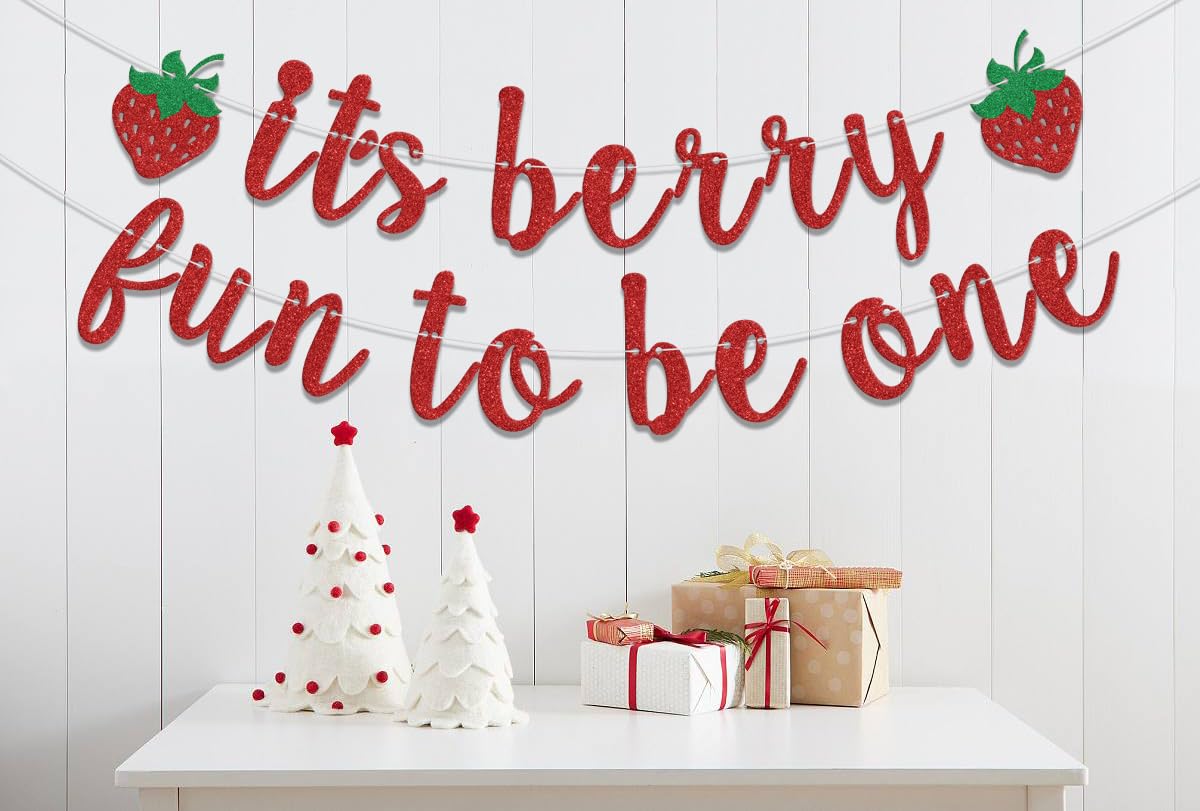 Berry First Birthday Banner - Erdbeer Motiv, Glitzernd Für Mädchen 1. Geburtstag