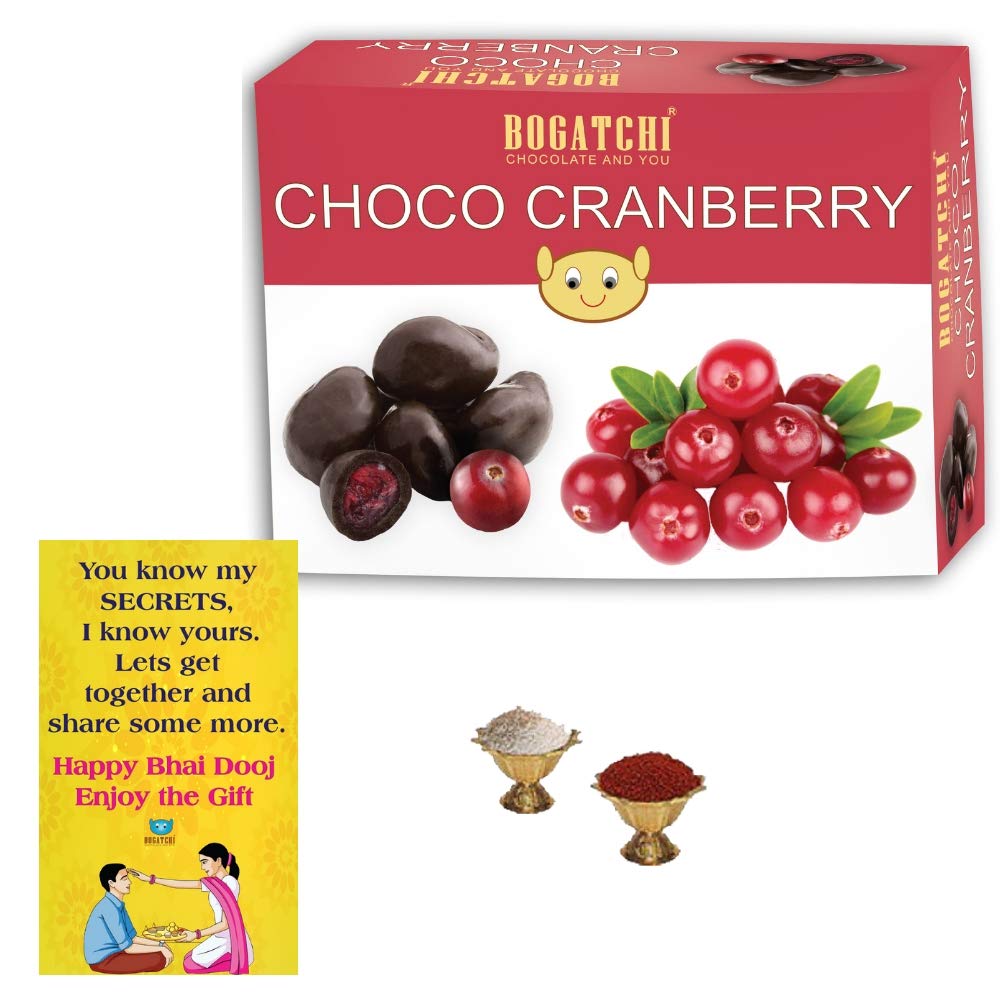 BOGATCHI Bhai Dooj Gift Dark Chocolate Coated Cranberry, 100g + Free Bhai Dooj Greeting Card + Free Smiley Ball + Roli Chawal