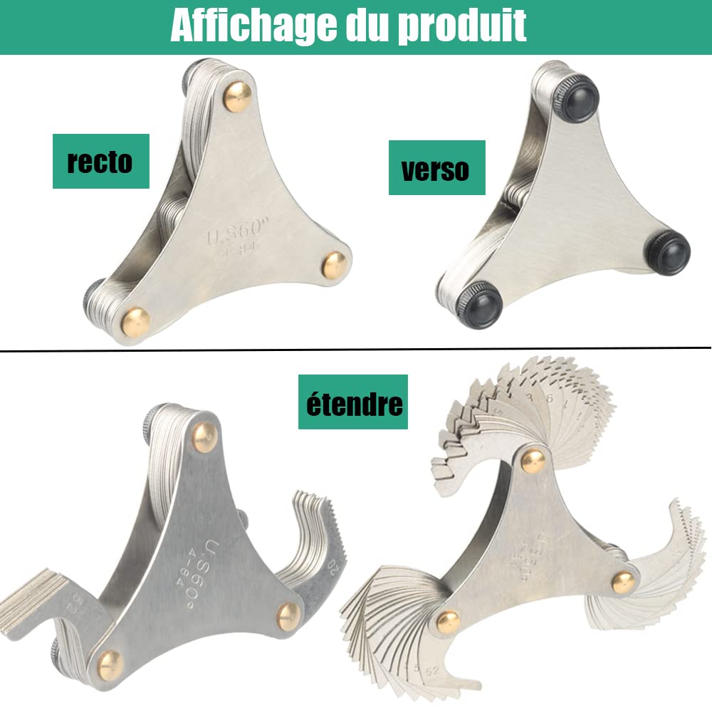 Mesee Jauge de Prise de Filetage Pliable Inox, Jauge à Pas de Vis 60° Americaine en Acier Inoxydable, Jauge de Filet de 60 Degrés Outil de Mesure Calibres de Filetage avec 51 Lames
