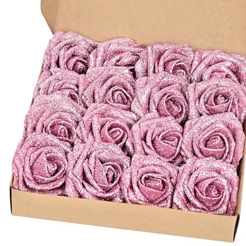 BLEUM CADE 16Pcs Artificial Flowers Fake Roses with Stems, Pink Glitter Boxed Foam Roses for DIY Bouquets Centerpieces Wedding Party Arrangement Bridal Shower Decor