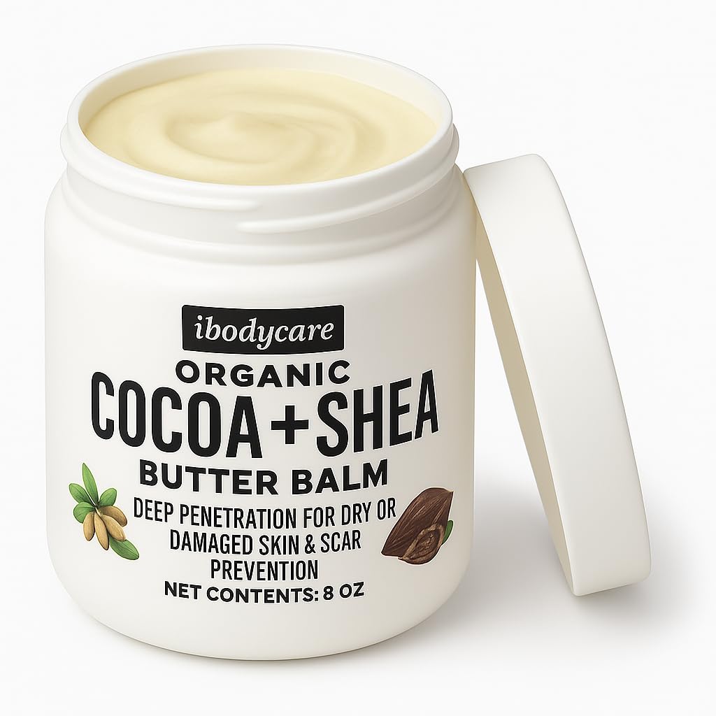 Organic Raw Shea Butter Cocoa Butter Body Balm with Coconut Oil, 8 oz Unrefined Natural Body Butter Blend for Women, Men, Kids, and All Skin Types