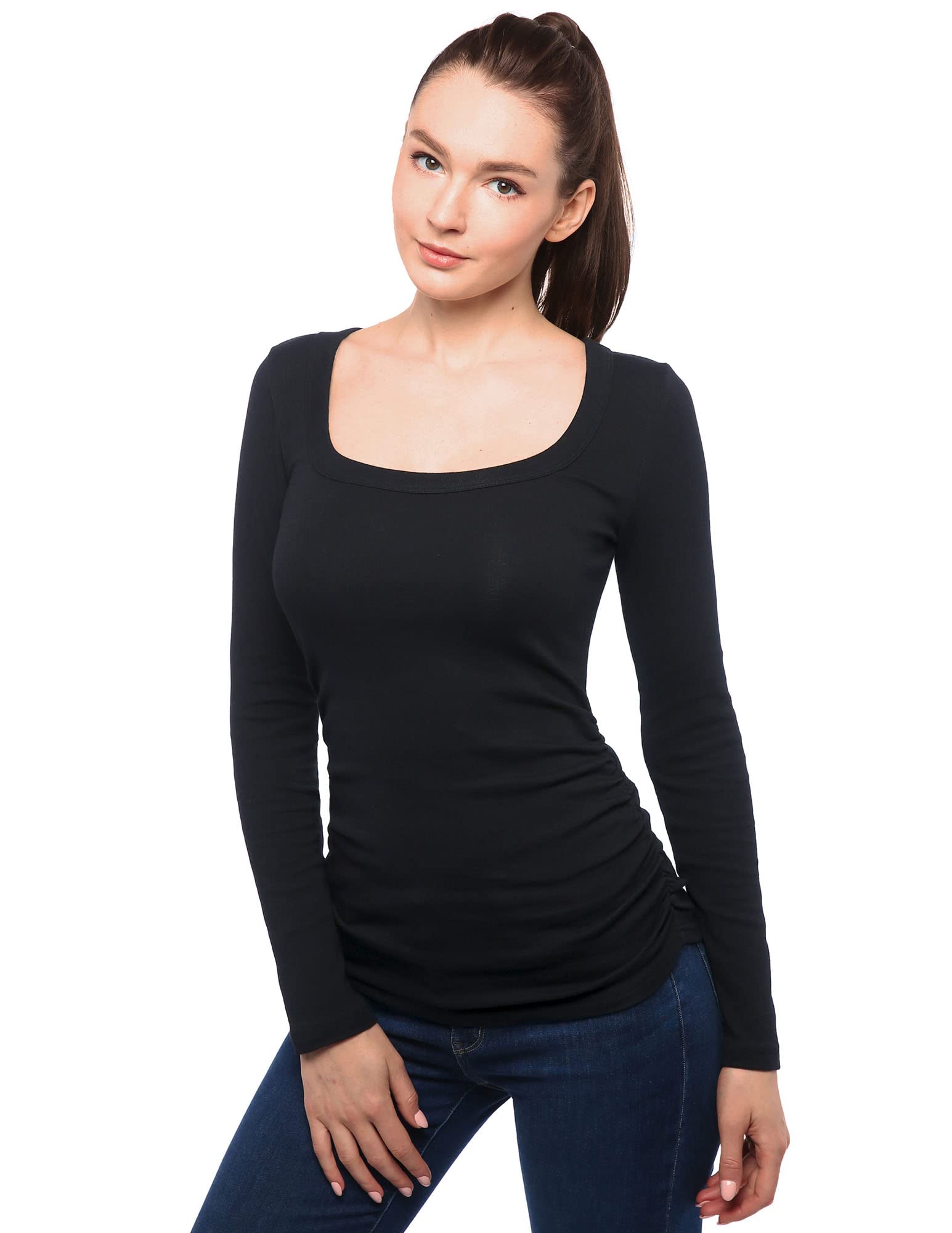 AmélieBoutikAmlieBoutik Women Cotton Blend Scoop Neck Long Sleeve Ruched Sides Top