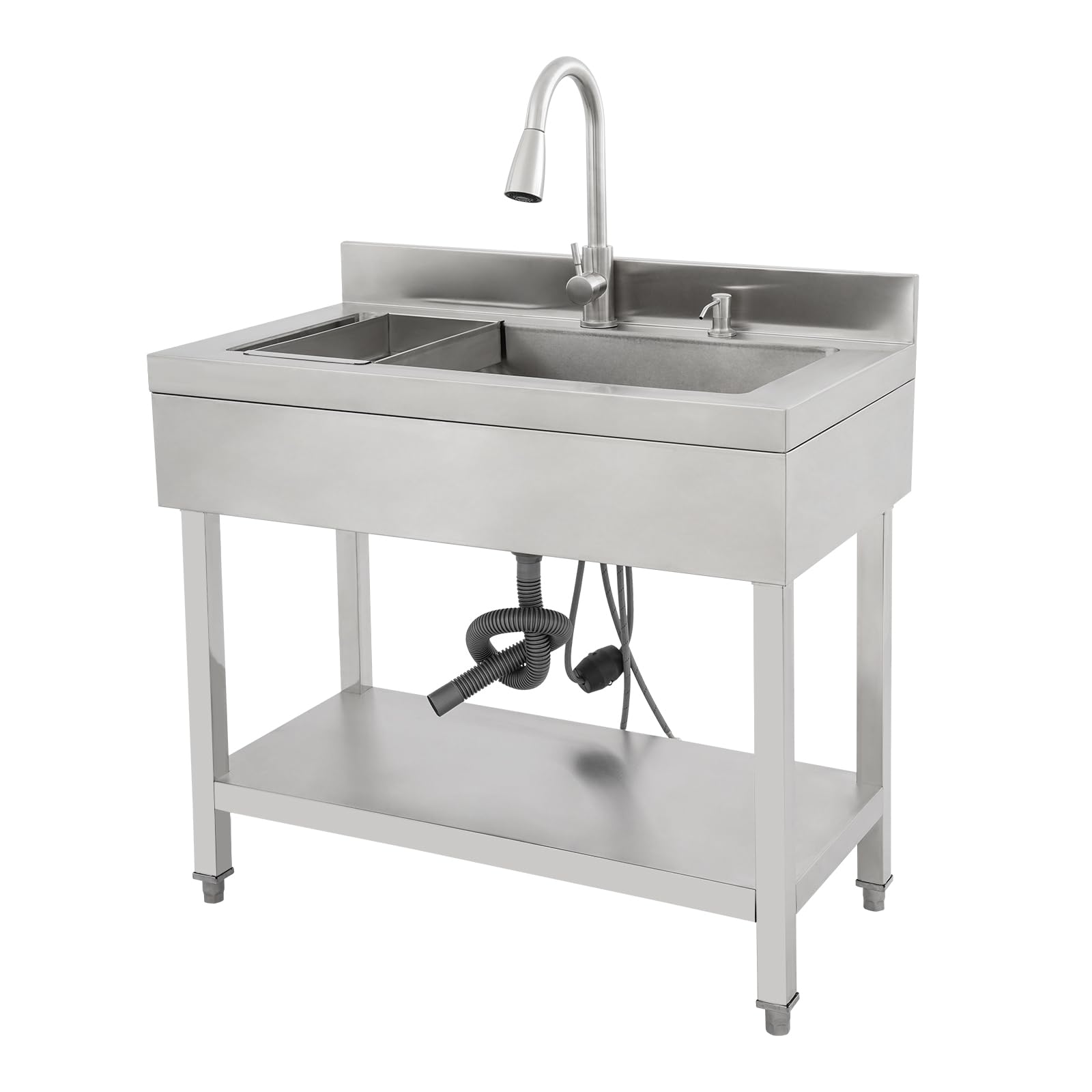 Fregadero de cocina de acero inoxidable independiente, 1 lavabo, fregadero de cocina comercial con grifo con mangueras de agua fría y caliente, fregadero para exteriores, para garaje, lavandería