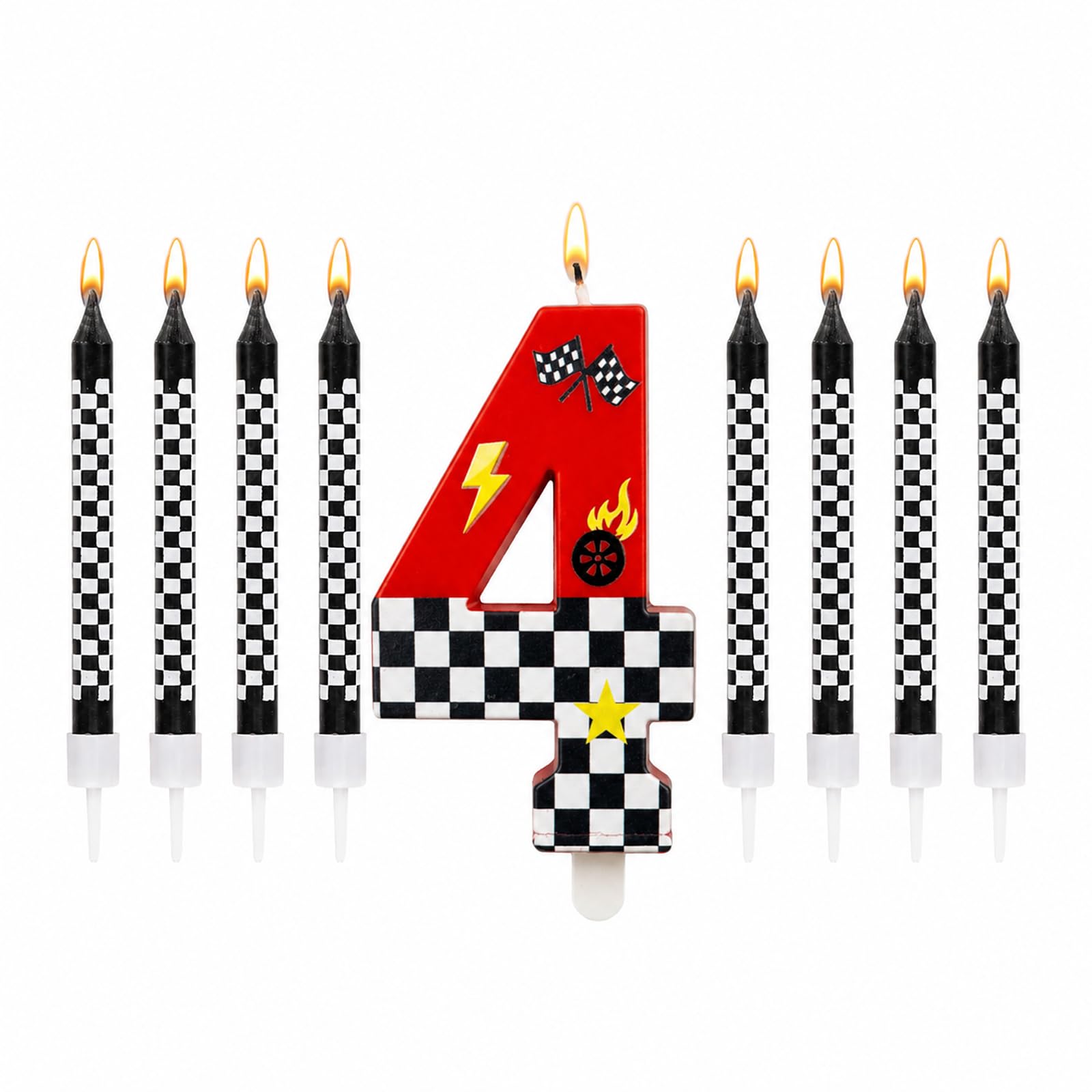 Bolosa Number 4 Birthday Candles 9 Pcs Set, 4th Racing Theme Cake Candles with Checkered Flag Candles, Red Number 4 Candle & 8 Checker Candles for 4th Birthday Decorations, Kids Race Car Party