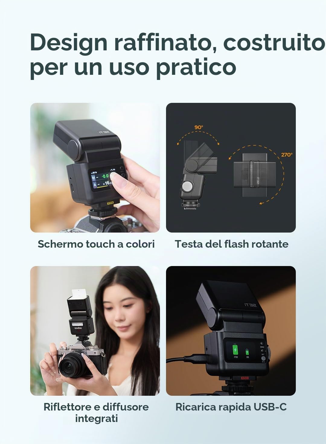 Godox iT32 TTL Flash per Fuji con Trigger Wireless X5-F, 2.4G HSS 1/8000s | Touchscreen & LED, Compatibile con Fujifilm X100VI X-E5 XT5 X100V X100T XS20 XS10 XT30II XM5 GFX50S GFX50R XT4 XT3 GFX100RF | Touchscreen & LED, Compatibile con Fujifilm X100VI X-