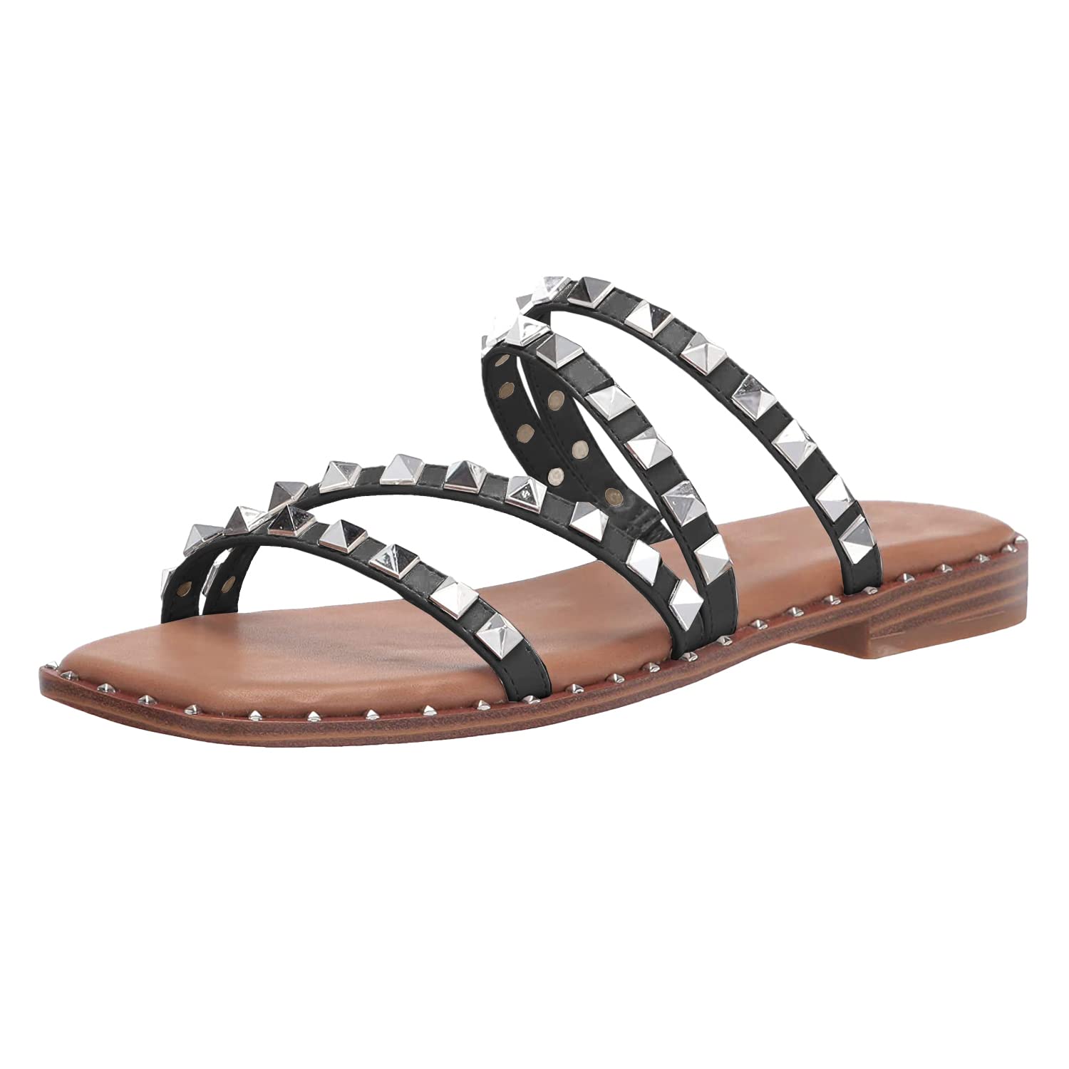 size 7 JeimPoey Womens Stud Slides Sandals Square Open Toe Strappy Flat Slide-on Mules