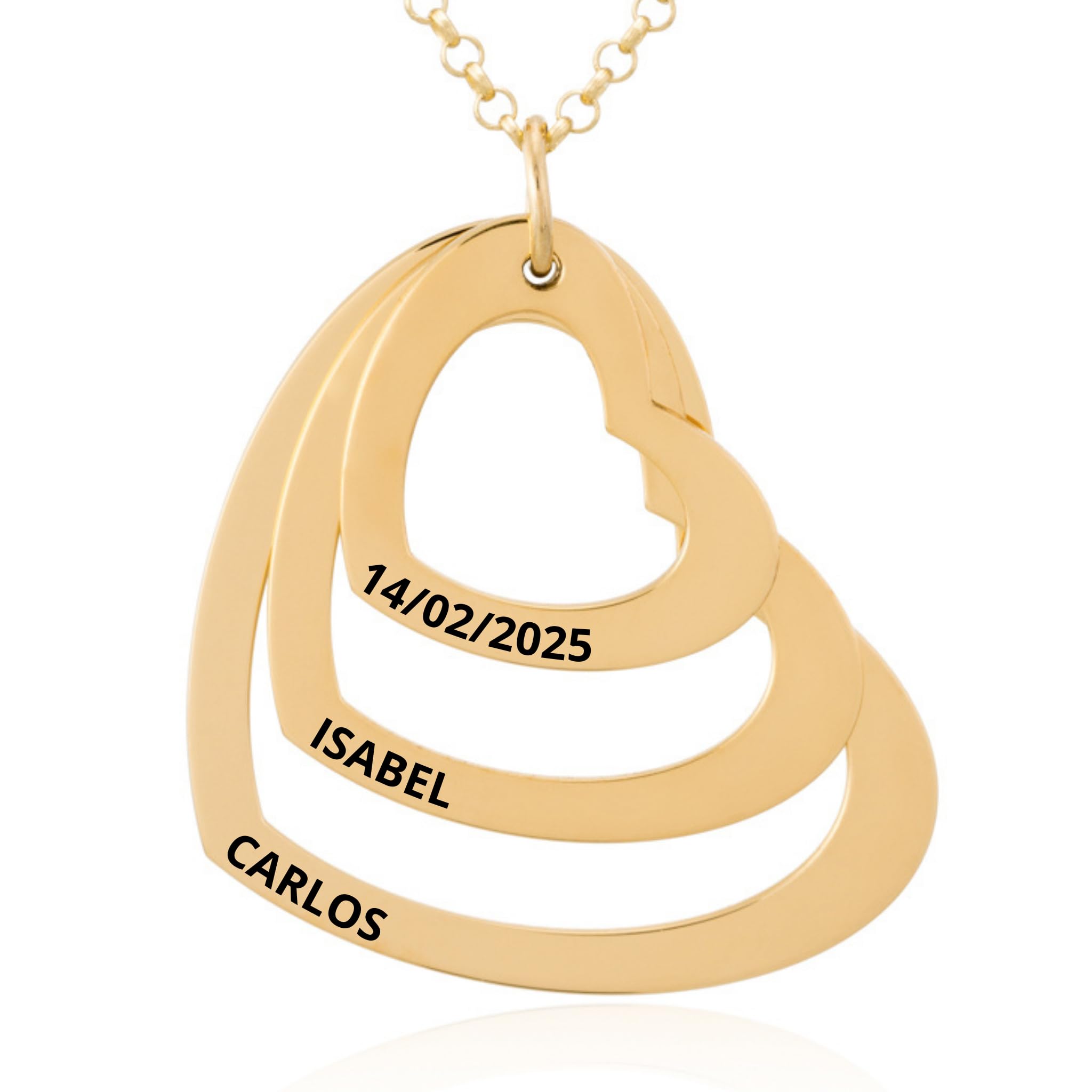 Collar Corazón con Grabación de Nombres Personalizada en Plata de Ley 925 Cadena de 45cm + Alargador. Regalo ideal de San Valentín, para Novia Madre Abuela. Hecho en España. (2 Corazones Plata) — view 9
