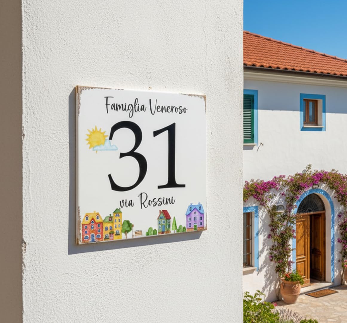 Numero Civico in Ceramica Personalizzabile, Targa Decorativa su Mattonella 11x11cm, Numeri Civici Esterno con Indirizzo e Nome Famiglia, Made in Italy, Stile Moderno