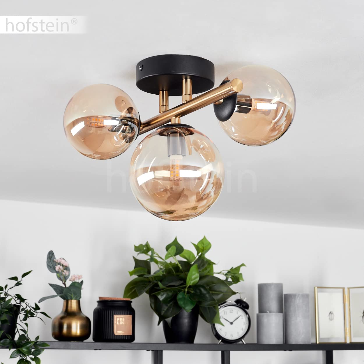 HOFSTEIN Deckenleuchte Chehalis, Deckenlampe aus Metall/Glas in Schwarz/Messing/Bernstein, Leuchte im Retro/Vintage-Design (Ø Schirme 10; 12 cm), 3 x G9, Schlafzimmer, Wohnzimmer, Küche, Esszimmer