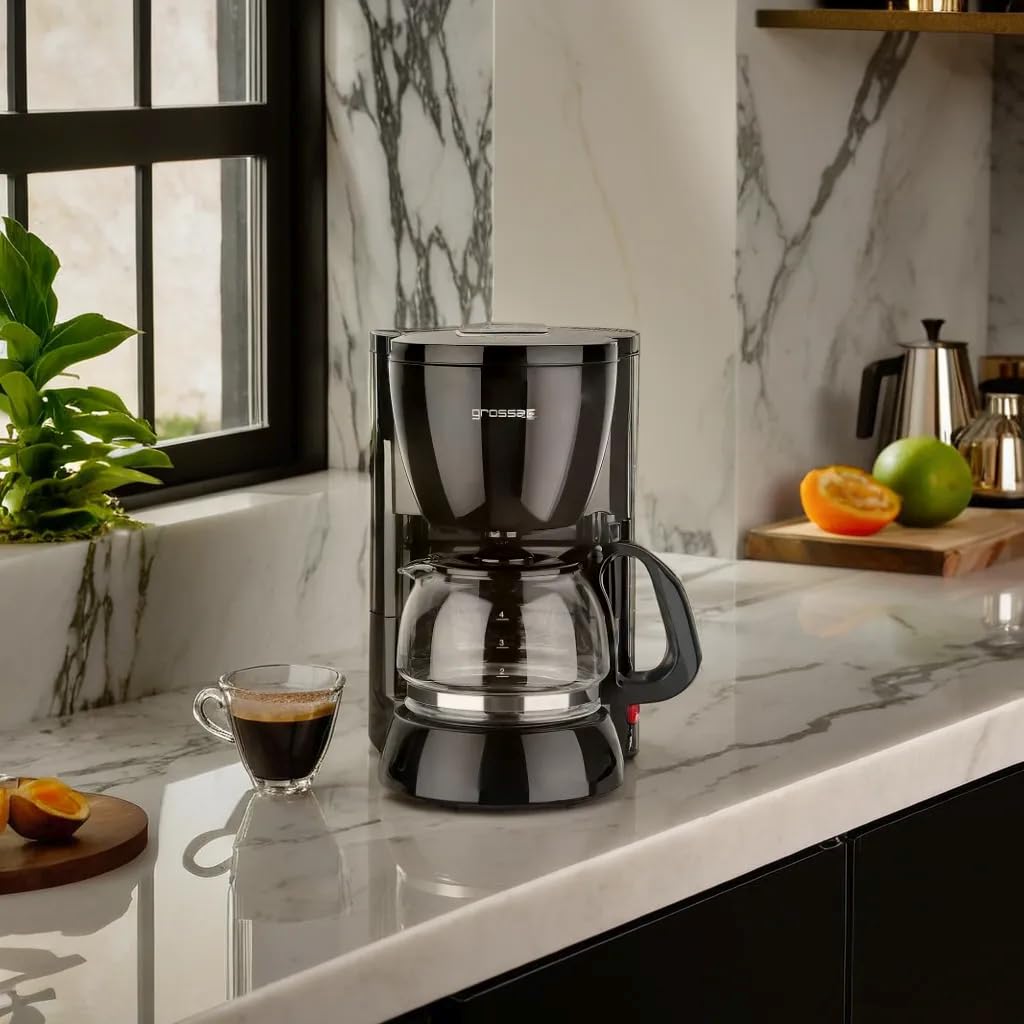 grossag Filter-Kaffeemaschine klein | KA 12.17 | 0,6L Glaskanne für bis zu 4 Tassen frischen Kaffee|600 Watt |herausnehmbarer Filtereinsatz |40 Min.Auto-Off |transp. Wassertank |Schwarz-Edelstahl
