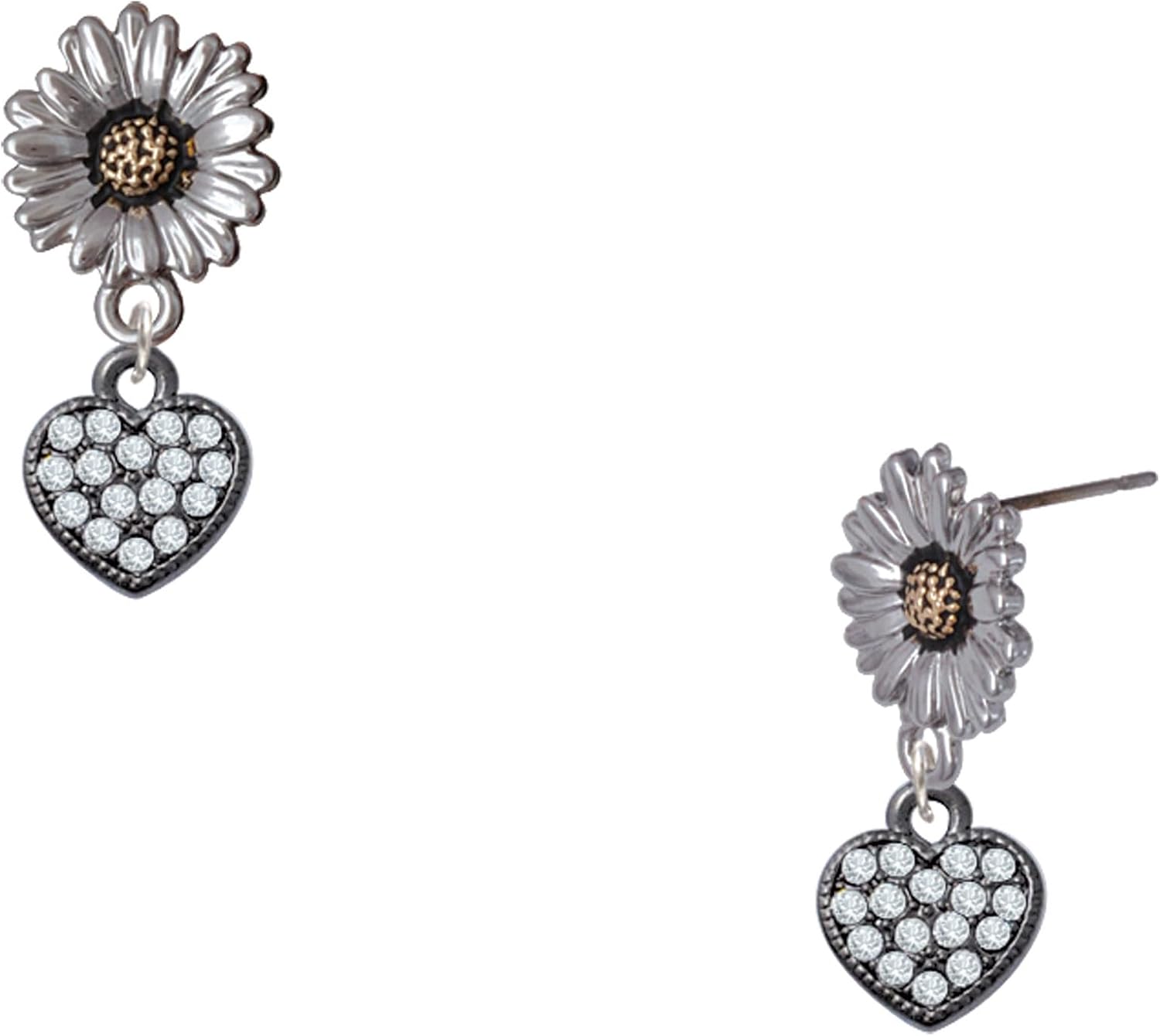 Delight Jewelry Clear Crystal Heart Two-tone Daisy Flower Post Earrings