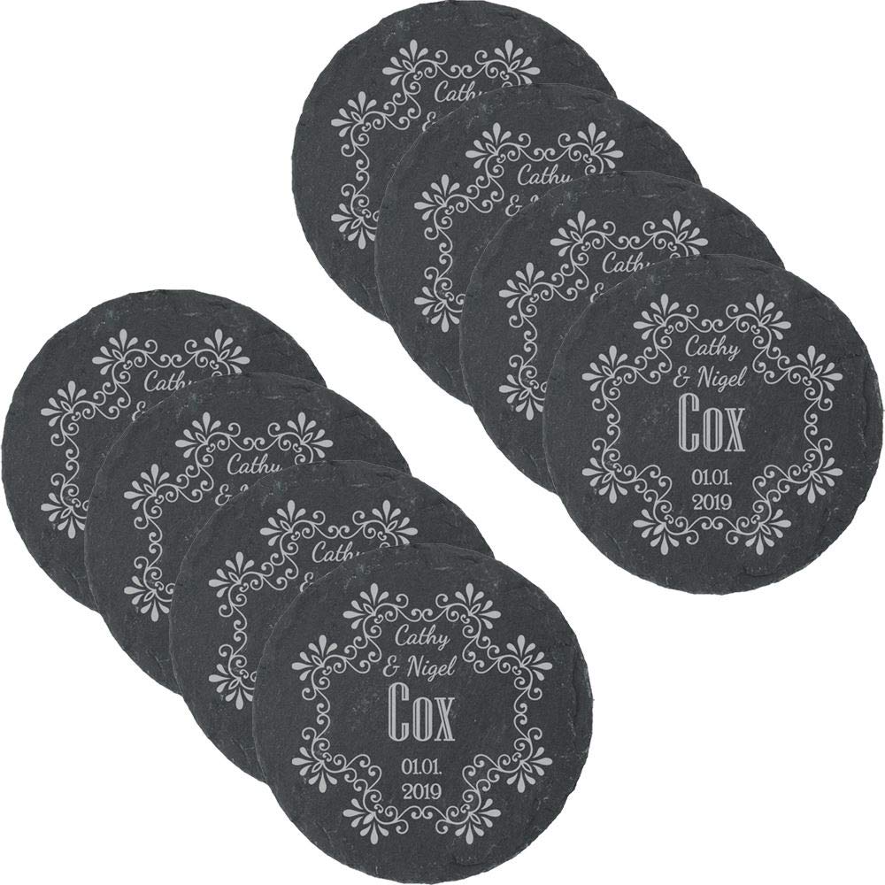 All Things Personalised Set Of 8 Personalised Engraved Round Slate Wedding Coaster With Names