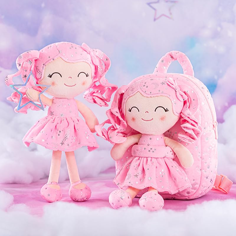 Image of Gloveleya Girls Toddler Backpack - Baby Girl Gift Plush Bag, Diaper Bag, Glitter Pink Dress Curly Hair Doll 9 Inches - Starry Sky Edition