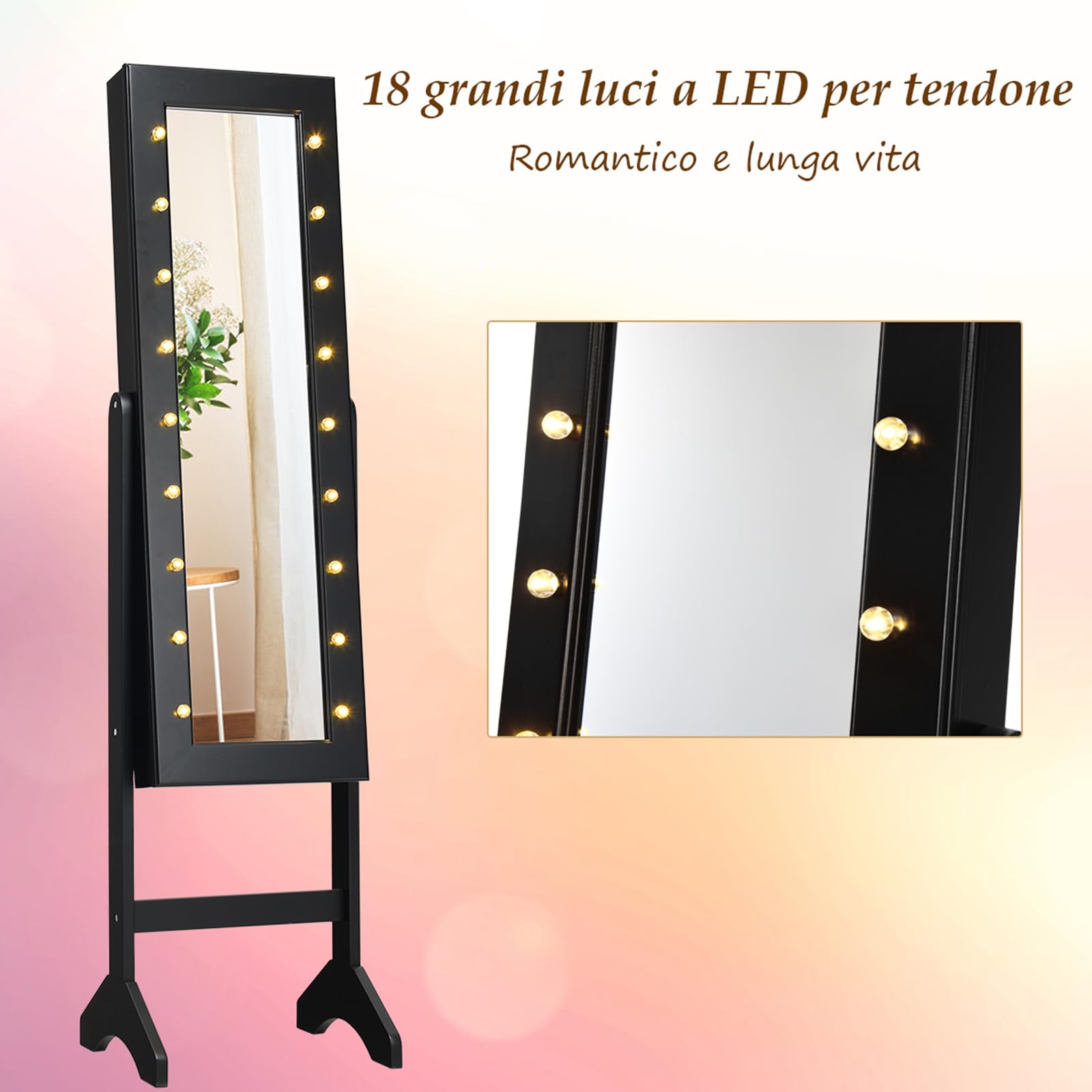 COSTWAY Portagioie Armadietto Specchiera con 18 Luci LED, Specchio a Figura Intera, Organizer per Gioielli Moderno Elegante, 145x35x31,5cm (Nero)