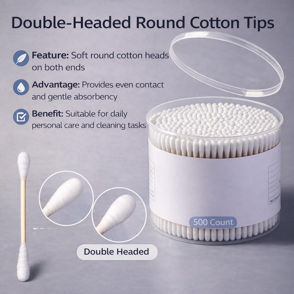 Confezione da 500 tamponi di cotone rotondi a doppia testa in contenitore, tamponi di cotone usa e getta per la cura della persona, la pulizia del trucco e l'uso quotidiano - 3