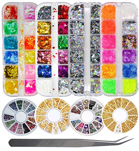 Lifextol Rhinestones for Crafting Chunky Glitter for Crafts and Rhinestones with Tweezers 4Set Fine Glitter with 4set Rhinestones crafts,NailSetA