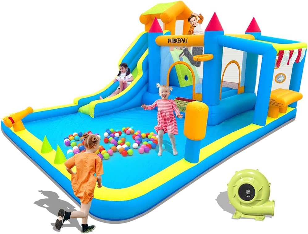 Inflatable Bounce House with Slide,Water Slide，Splashing Pool,Water Cannon,Climbing Wall,Basketball Hoop,Inflatable Water Park Slide with 520W Blower for Kids Backyard Summer Outdoor