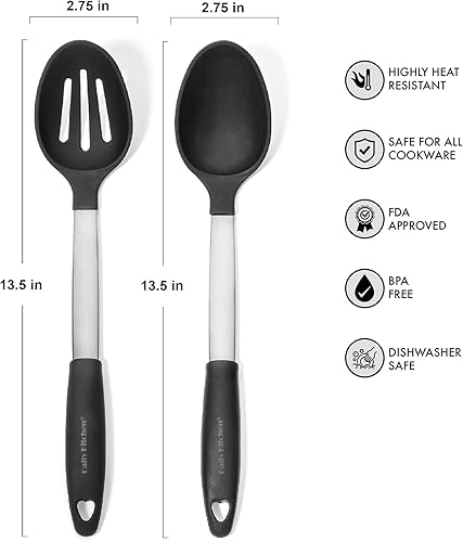 Miniatura 4 de Juego de cucharas y espátulas de silicona resistente al calor y acero inoxidable - Cucharas y volteador sólido con agarre de goma - Espátulas y