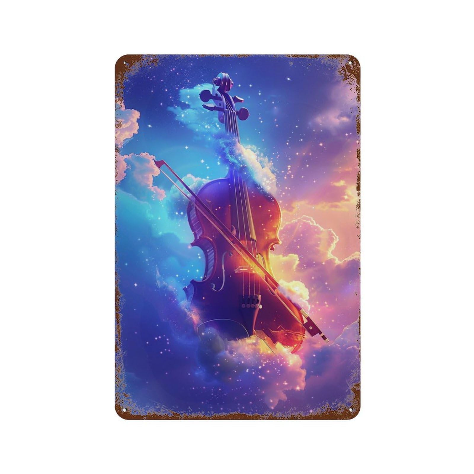 Weathered Tin Sign Enchanted Sky Violin Art Print 11.8"x7.9", Novelty Wall Decor for Basement, Hobby Room And Garage Decor