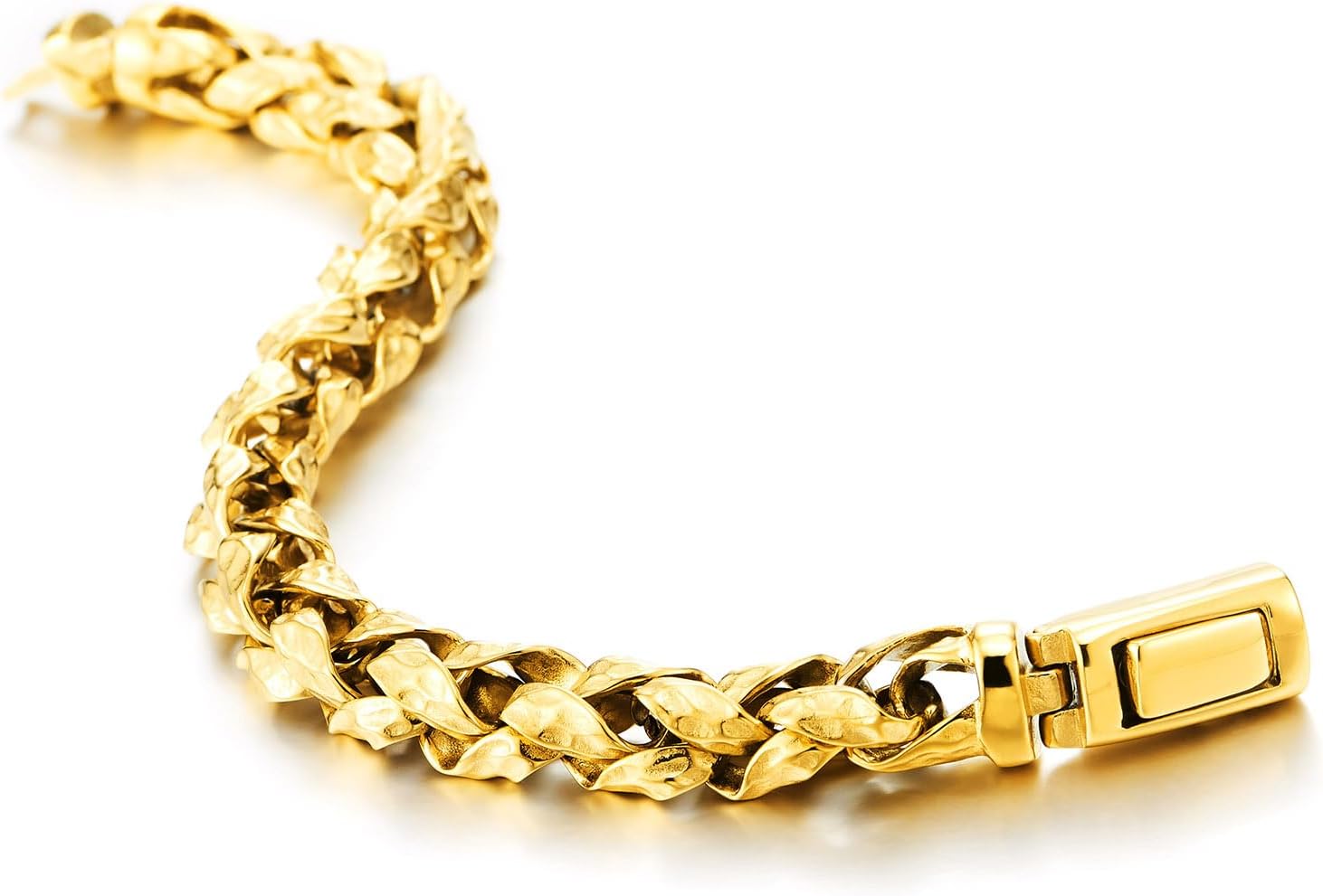 Men’s Gold Steel Hammered Link Bracelet Bold Braided Chain Textured Finish Punk Biker Jewelry - Image 5