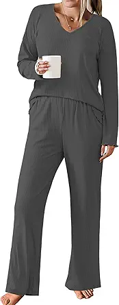 Ekouaer Womens Ribbed Knit Pajamas Set V Neck Long Sleeve Pj Set 2 Piece Loungewear Casual Sleepwear
