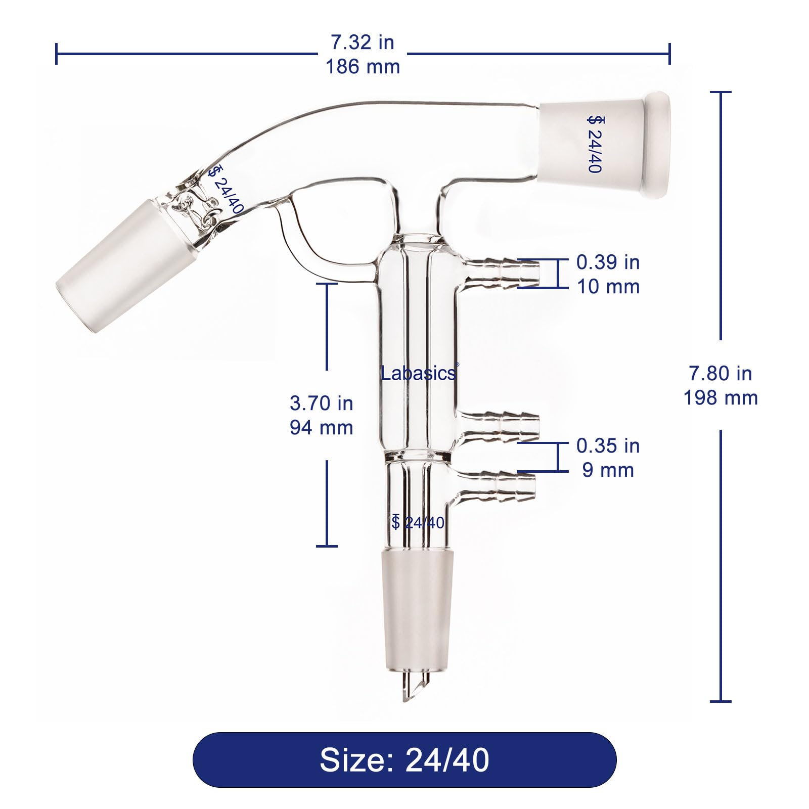 Labasics Adaptateur Distillation à Chemin Court, Verre Borosilicaté, Joint 24/40, Connexions Tuyau 10 mm, Résistant aux Produits Chimiques pour Usage en Laboratoire