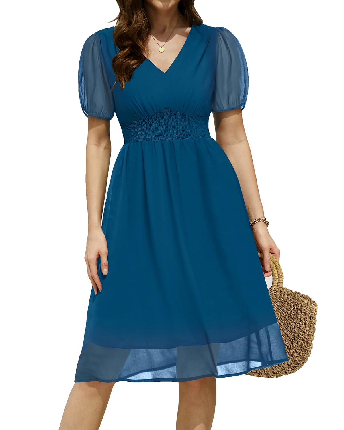 Women Summer Casual Dress Boho Floral V Neck Short Sleeves Smocked Waist Chiffon Swing Knee Length Midi Dresses